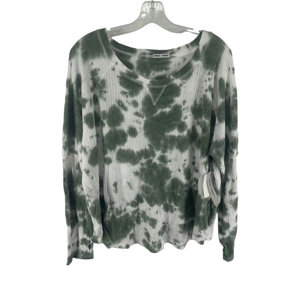 Sweet Romeo Women's Tie Dye Sweatshirt Waffle Knit Thumb Hole Top Green Small NE